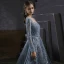 Haut de Gamme Bleu Marine Dansant Robe De Bal 2021 Princesse Encolure Carrée Manches Longues Appliques En Dentelle Perlage Longue Volants Dos Nu Robe De Ceremonie