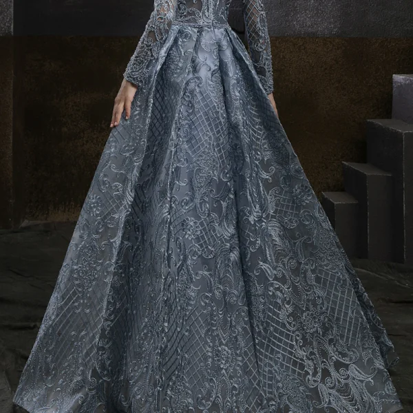Haut de Gamme Bleu Marine Dansant Robe De Bal 2021 Princesse Encolure Carrée Manches Longues Appliques En Dentelle Perlage Longue Volants Dos Nu Robe De Ceremonie