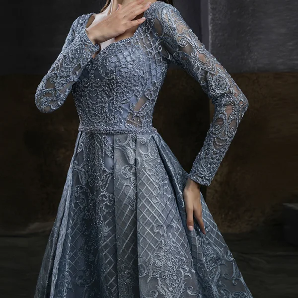 Haut de Gamme Bleu Marine Dansant Robe De Bal 2021 Princesse Encolure Carrée Manches Longues Appliques En Dentelle Perlage Longue Volants Dos Nu Robe De Ceremonie
