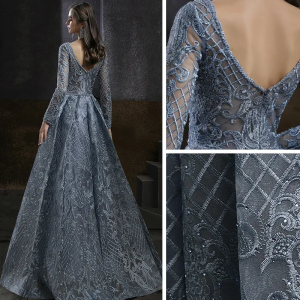 Haut de Gamme Bleu Marine Dansant Robe De Bal 2021 Princesse Encolure Carrée Manches Longues Appliques En Dentelle Perlage Longue Volants Dos Nu Robe De Ceremonie