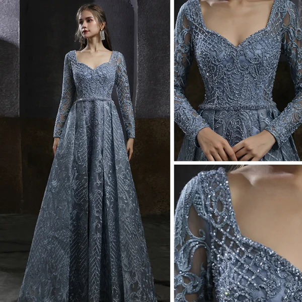 Haut de Gamme Bleu Marine Dansant Robe De Bal 2021 Princesse Encolure Carrée Manches Longues Appliques En Dentelle Perlage Longue Volants Dos Nu Robe De Ceremonie