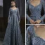 Haut de Gamme Bleu Marine Dansant Robe De Bal 2021 Princesse Encolure Carrée Manches Longues Appliques En Dentelle Perlage Longue Volants Dos Nu Robe De Ceremonie