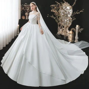 Fashion Ivory Satin See Through Bridal Wedding Dresses 2021 Ball Gown High Neck Long Sleeve Appliques Lace Cathedral Train Ruffle