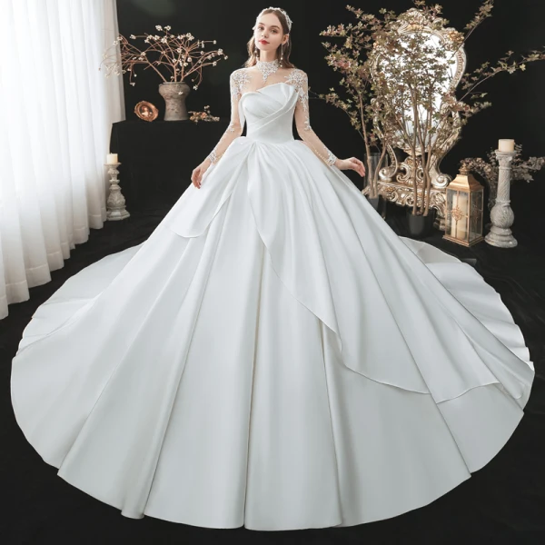 Fashion Ivory Satin See-through Bridal Wedding Dresses 2021 Ball Gown High Neck Long Sleeve Appliques Lace Cathedral Train Ruffle