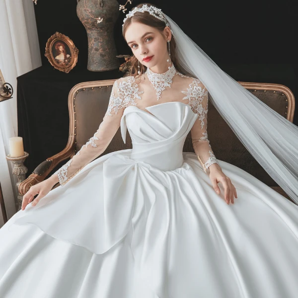 Fashion Ivory Satin See-through Bridal Wedding Dresses 2021 Ball Gown High Neck Long Sleeve Appliques Lace Cathedral Train Ruffle