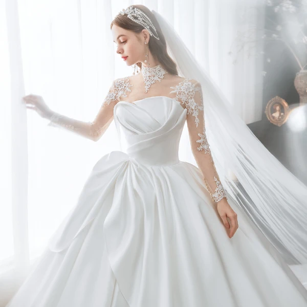 Fashion Ivory Satin See-through Bridal Wedding Dresses 2021 Ball Gown High Neck Long Sleeve Appliques Lace Cathedral Train Ruffle