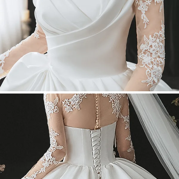 Fashion Ivory Satin See-through Bridal Wedding Dresses 2021 Ball Gown High Neck Long Sleeve Appliques Lace Cathedral Train Ruffle