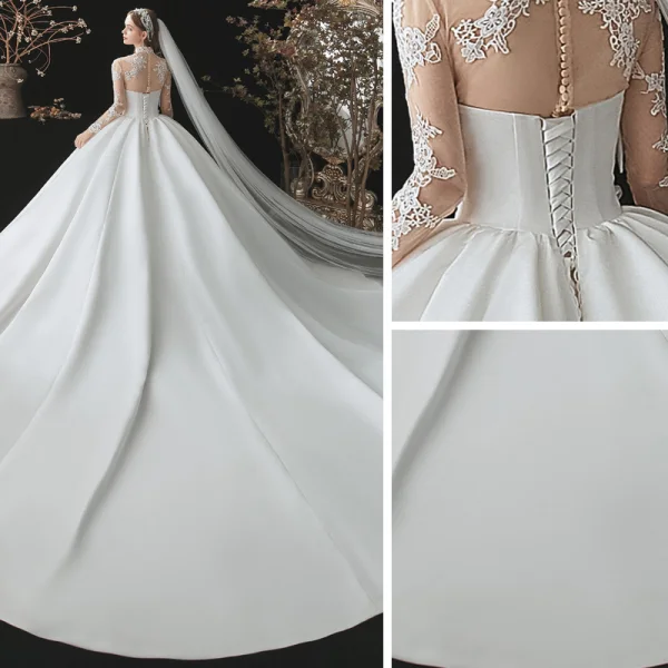 Fashion Ivory Satin See-through Bridal Wedding Dresses 2021 Ball Gown High Neck Long Sleeve Appliques Lace Cathedral Train Ruffle