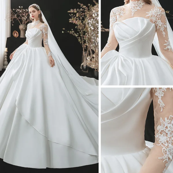 Fashion Ivory Satin See-through Bridal Wedding Dresses 2021 Ball Gown High Neck Long Sleeve Appliques Lace Cathedral Train Ruffle