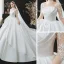 Fashion Ivory Satin See-through Bridal Wedding Dresses 2021 Ball Gown High Neck Long Sleeve Appliques Lace Cathedral Train Ruffle