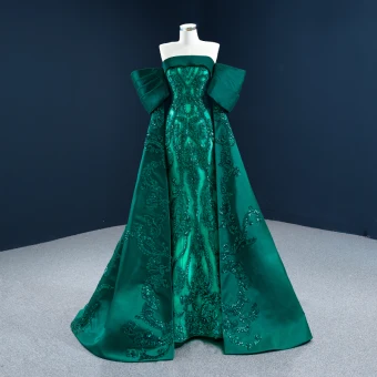Luxury Gorgeous Dark Green Satin Red Carpet Evening Dresses 2021 A Line Princess Strapless Short Sleeve Sequins Sweep Train Ruffle Backless Formal Dresses