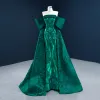 Luxury / Gorgeous Dark Green Satin Red Carpet Evening Dresses  2021 A-Line / Princess Strapless Short Sleeve Sequins Sweep Train Ruffle Backless Formal Dresses