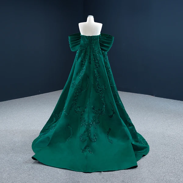 Luxe Vert Foncé Satin Tapis rouge Robe De Soirée 2021 Princesse Bustier Manches Courtes Paillettes Train De Balayage Volants Dos Nu Robe De Ceremonie