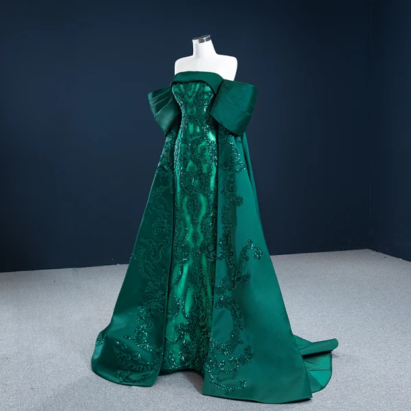 Luxe Vert Foncé Satin Tapis rouge Robe De Soirée 2021 Princesse Bustier Manches Courtes Paillettes Train De Balayage Volants Dos Nu Robe De Ceremonie
