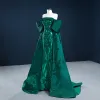 Luxury / Gorgeous Dark Green Satin Red Carpet Evening Dresses  2021 A-Line / Princess Strapless Short Sleeve Sequins Sweep Train Ruffle Backless Formal Dresses