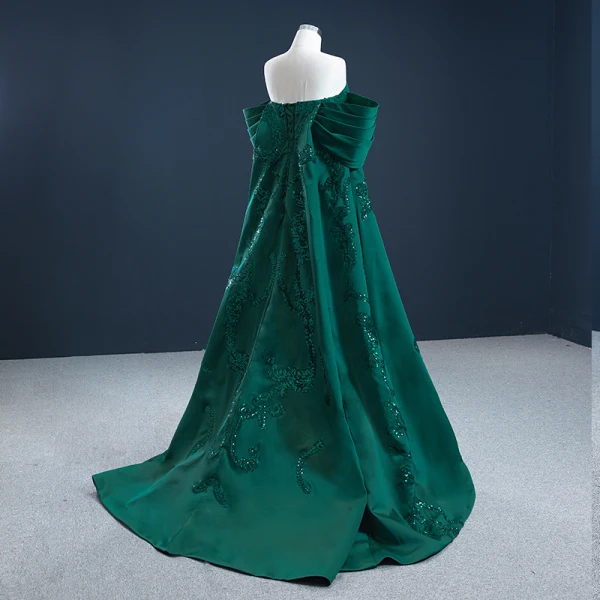 Luxe Vert Foncé Satin Tapis rouge Robe De Soirée 2021 Princesse Bustier Manches Courtes Paillettes Train De Balayage Volants Dos Nu Robe De Ceremonie