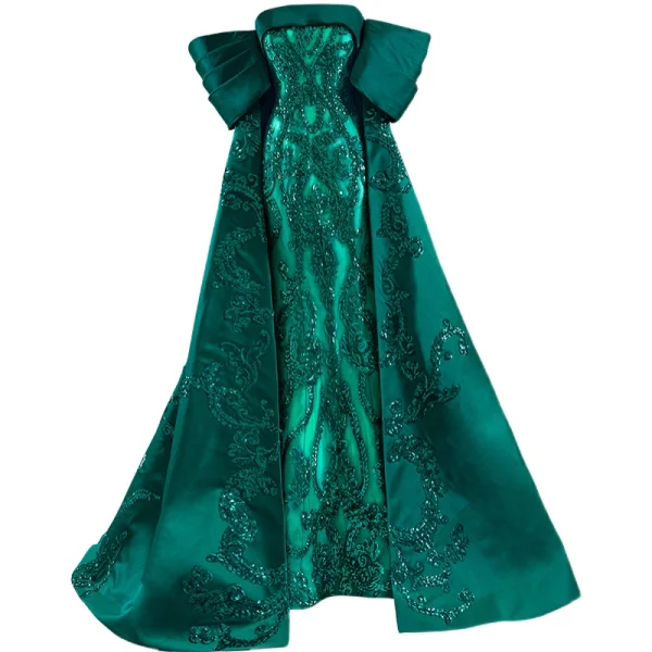 Luxe Vert Foncé Satin Tapis rouge Robe De Soirée 2021 Princesse Bustier Manches Courtes Paillettes Train De Balayage Volants Dos Nu Robe De Ceremonie