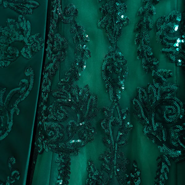 Luxe Vert Foncé Satin Tapis rouge Robe De Soirée 2021 Princesse Bustier Manches Courtes Paillettes Train De Balayage Volants Dos Nu Robe De Ceremonie