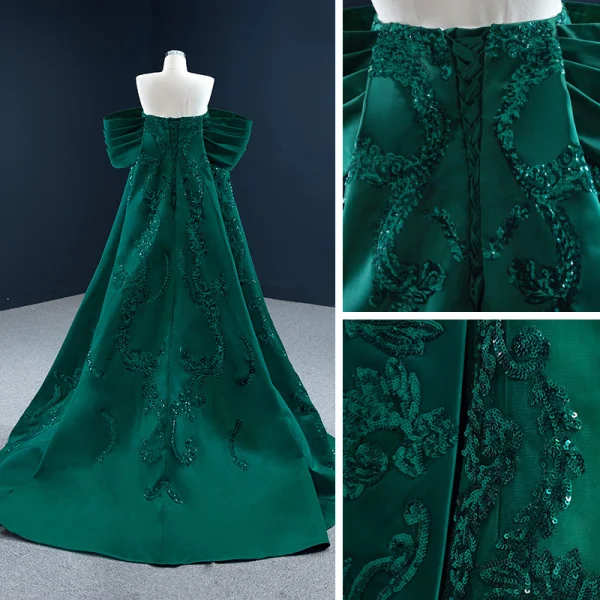 Luxe Vert Foncé Satin Tapis rouge Robe De Soirée 2021 Princesse Bustier Manches Courtes Paillettes Train De Balayage Volants Dos Nu Robe De Ceremonie