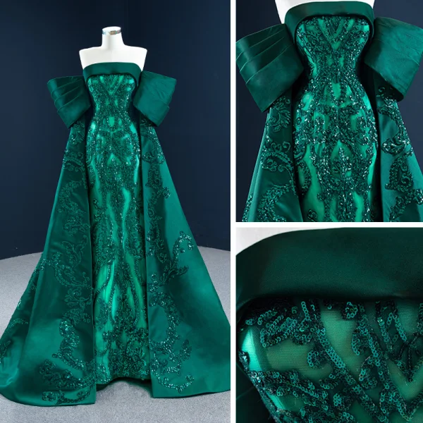 Luxe Vert Foncé Satin Tapis rouge Robe De Soirée 2021 Princesse Bustier Manches Courtes Paillettes Train De Balayage Volants Dos Nu Robe De Ceremonie