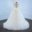 Illusion Weiß Durchsichtige Hochzeits Brautkleider / Hochzeitskleider 2021 Ballkleid Stehkragen Lange Ärmel Rückenfreies Handgefertigt Perlenstickerei Pailletten Hof-Schleppe Rüschen