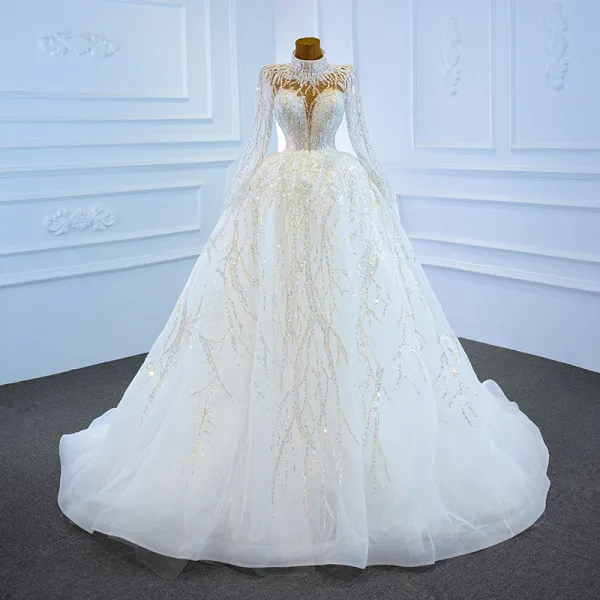 Illusion White See-through Bridal Wedding Dresses 2021 Ball Gown High Neck Long Sleeve Backless Handmade  Beading Sequins Court Train Ruffle