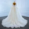 Iluzja Białe Przezroczyste ślubna Suknie Ślubne 2021 Suknia Balowa Wysokiej Szyi Długie Rękawy Bez Pleców Wykonany Ręcznie Frezowanie Cekiny Trenem Sąd Wzburzyć