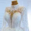 Illusion Weiß Durchsichtige Hochzeits Brautkleider / Hochzeitskleider 2021 Ballkleid Stehkragen Lange Ärmel Rückenfreies Handgefertigt Perlenstickerei Pailletten Hof-Schleppe Rüschen