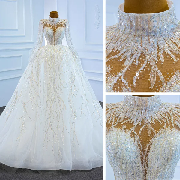Illusion Weiß Durchsichtige Hochzeits Brautkleider / Hochzeitskleider 2021 Ballkleid Stehkragen Lange Ärmel Rückenfreies Handgefertigt Perlenstickerei Pailletten Hof-Schleppe Rüschen