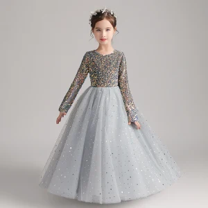 Sparkly Grey Birthday Flower Girl Dresses 2021 Ball Gown Scoop Neck Long Sleeve Sequins Floor Length Long Ruffle