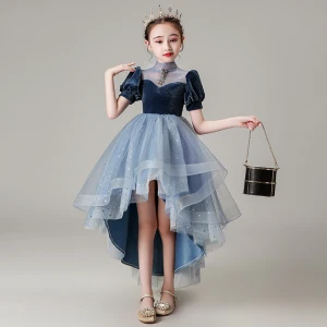 High Low Navy Blue See Through Flower Girl Dresses 2021 Ball Gown High Neck Puffy Short Sleeve Glitter Star Tulle Beading Asymmetrical Ruffle