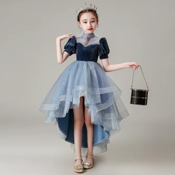 Haute Basse Bleu Marine Transparentes Robe Ceremonie Fille 2021 Robe Boule Col Haut Gonflée Manches Courtes Glitter Étoile Tulle Perlage Asymétrique Volants