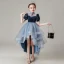 Haute Basse Bleu Marine Transparentes Robe Ceremonie Fille 2021 Robe Boule Col Haut Gonflée Manches Courtes Glitter Étoile Tulle Perlage Asymétrique Volants