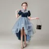 High Low Navy Blue See-through Flower Girl Dresses 2021 Ball Gown High Neck Puffy Short Sleeve Glitter Star Tulle Beading Asymmetrical Ruffle