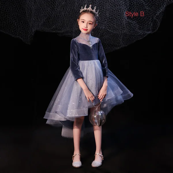Haute Basse Bleu Marine Transparentes Robe Ceremonie Fille 2021 Robe Boule Col Haut Gonflée Manches Courtes Glitter Étoile Tulle Perlage Asymétrique Volants