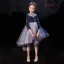 Haute Basse Bleu Marine Transparentes Robe Ceremonie Fille 2021 Robe Boule Col Haut Gonflée Manches Courtes Glitter Étoile Tulle Perlage Asymétrique Volants