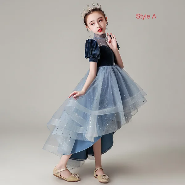 Haute Basse Bleu Marine Transparentes Robe Ceremonie Fille 2021 Robe Boule Col Haut Gonflée Manches Courtes Glitter Étoile Tulle Perlage Asymétrique Volants