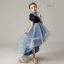 Haute Basse Bleu Marine Transparentes Robe Ceremonie Fille 2021 Robe Boule Col Haut Gonflée Manches Courtes Glitter Étoile Tulle Perlage Asymétrique Volants