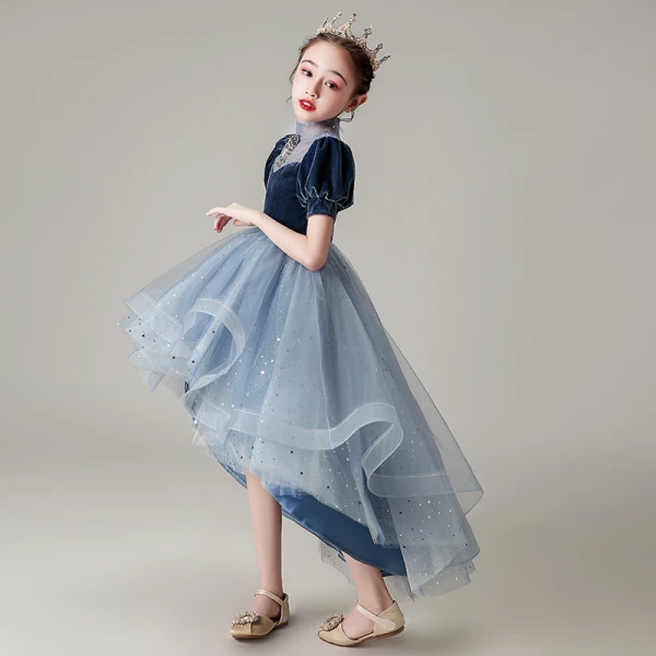 Haute Basse Bleu Marine Transparentes Robe Ceremonie Fille 2021 Robe Boule Col Haut Gonflée Manches Courtes Glitter Étoile Tulle Perlage Asymétrique Volants