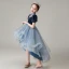 Haute Basse Bleu Marine Transparentes Robe Ceremonie Fille 2021 Robe Boule Col Haut Gonflée Manches Courtes Glitter Étoile Tulle Perlage Asymétrique Volants