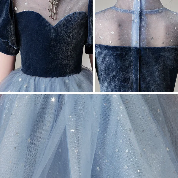 Haute Basse Bleu Marine Transparentes Robe Ceremonie Fille 2021 Robe Boule Col Haut Gonflée Manches Courtes Glitter Étoile Tulle Perlage Asymétrique Volants