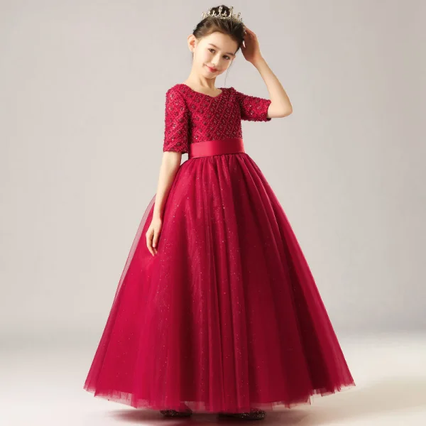 High-end Burgundy Birthday Flower Girl Dresses 2021 Ball Gown Scoop Neck  1/2 Sleeves Backless