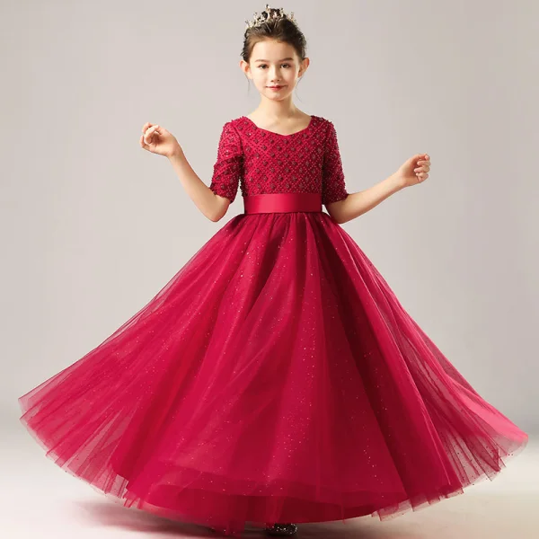 High-end Burgundy Birthday Flower Girl Dresses 2021 Ball Gown Scoop Neck 1/2 Sleeves