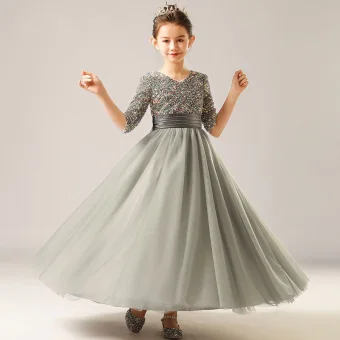 Mode Gris Anniversaire Robe Ceremonie Fille 2021 Gaine Ajustement V Cou 1 2 Manches Dos Nu Ceinture Paillettes Longue Volants Tulle