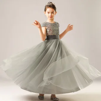 Mode Gris Anniversaire Robe Ceremonie Fille 2021 Gaine Ajustement Encolure Dégagée Sans Manches Ceinture Paillettes Longue Volants