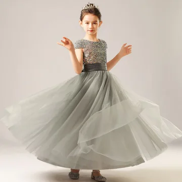 Fashion Grey Birthday Flower Girl Dresses 2021 Sheath Fit Scoop Neck Sleeveless Sash Sequins Floor Length Long Ruffle