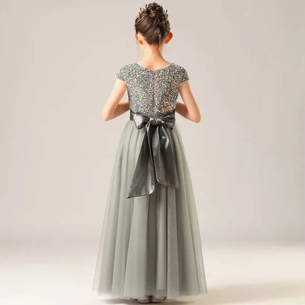 Fashion Grey Birthday Flower Girl Dresses 2021 Sheath / Fit Scoop Neck Sleeveless Sash Sequins Floor-Length / Long Ruffle