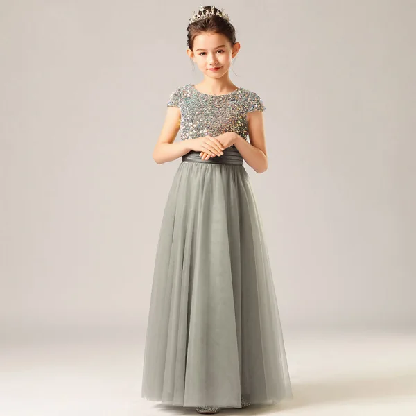 Fashion Grey Birthday Flower Girl Dresses 2021 Sheath / Fit Scoop Neck Sleeveless Sash Sequins Floor-Length / Long Ruffle