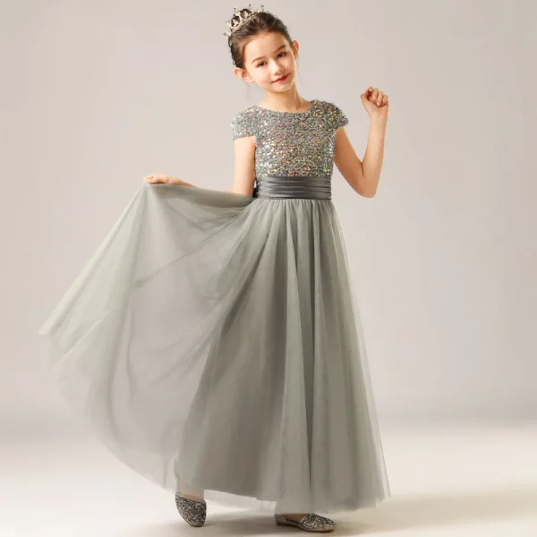 Fashion Grey Birthday Flower Girl Dresses 2021 Sheath / Fit Scoop Neck Sleeveless Sash Sequins Floor-Length / Long Ruffle