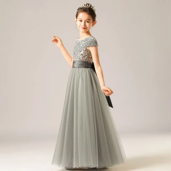 Fashion Grey Birthday Flower Girl Dresses 2021 Sheath / Fit Scoop Neck Sleeveless Sash Sequins Floor-Length / Long Ruffle